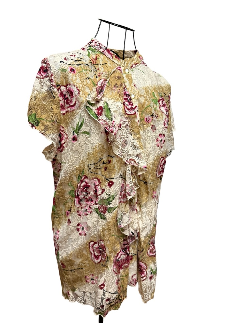 Venezia Vintage Style Floral Lace Ruffle Blouse - Pink, Cream & Green 14/16